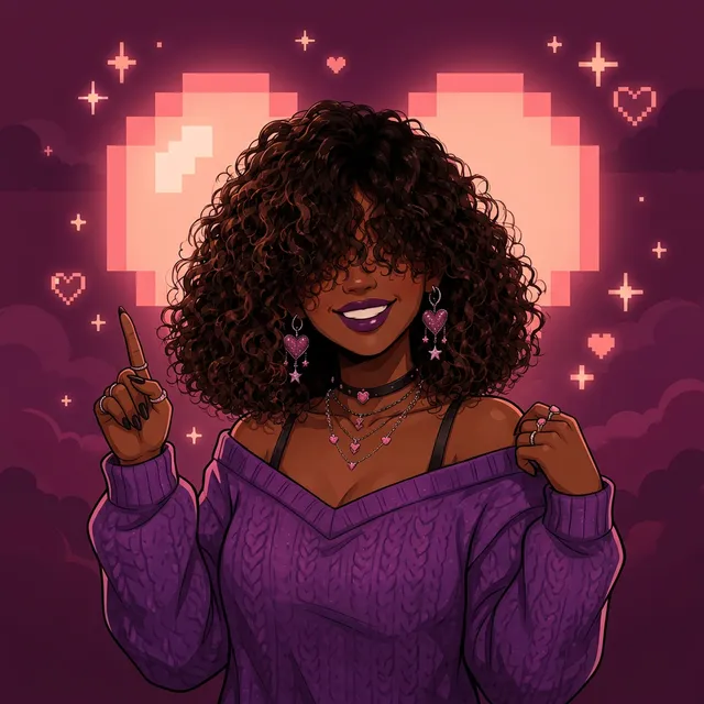 The Pretty Pixel Play creator welcoming Pretty Pixels with a glowing pixel heart behind her