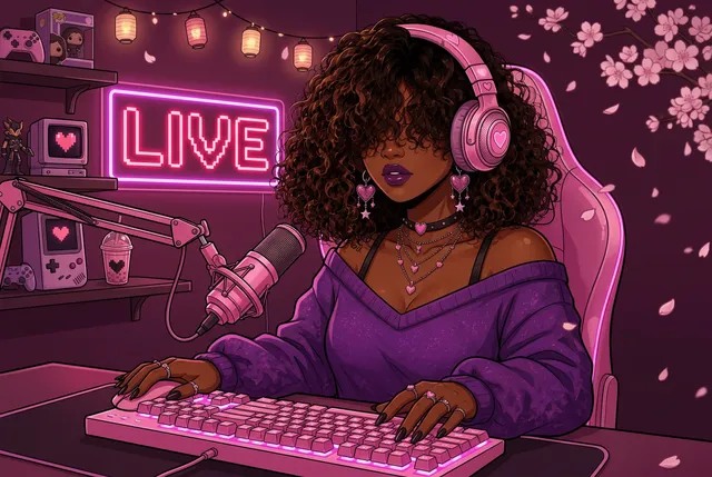 The Pretty Pixel Play creator streaming with a pink headset under a neon LIVE sign