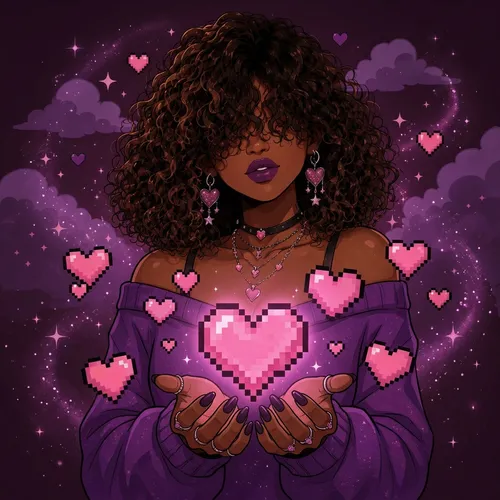 The Pretty Pixel Play creator holding a glowing pixel heart